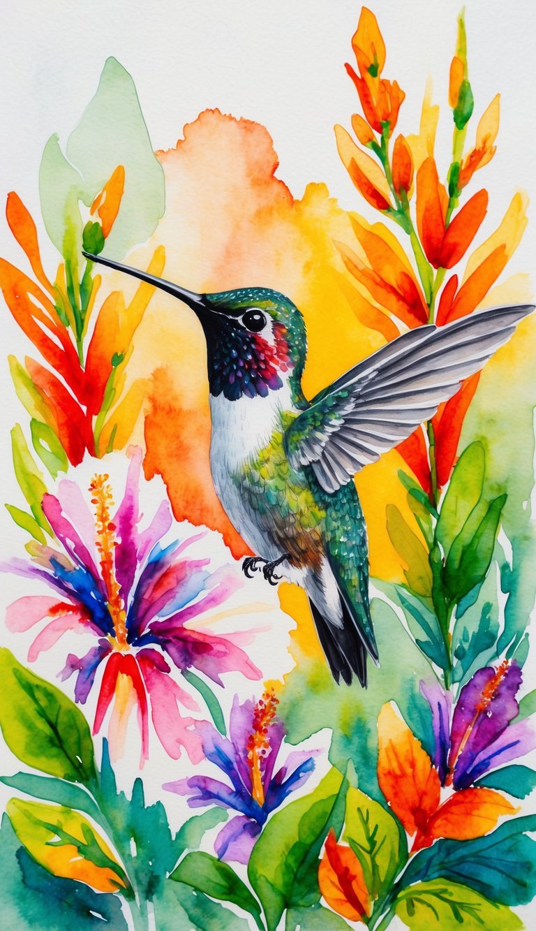 A vibrant hummingbird surrounded by colorful flowers and foliage