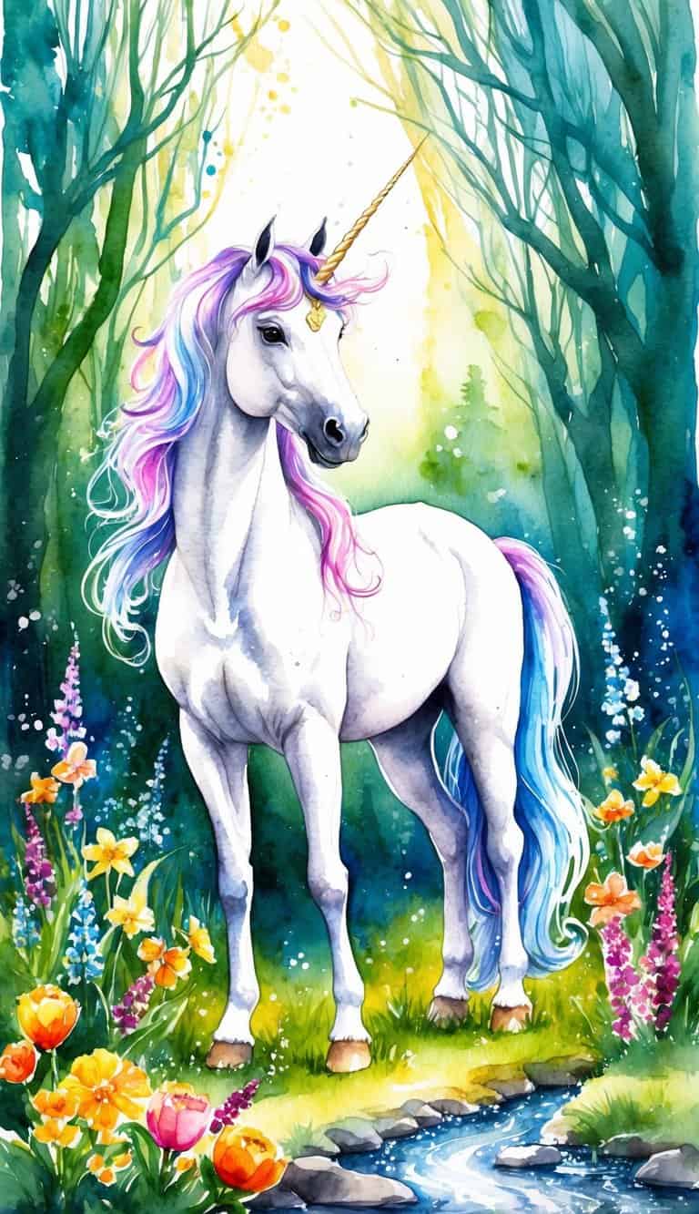 A majestic unicorn stands in a vibrant enchanted forest, surrounded by colorful flowers and sparkling streams