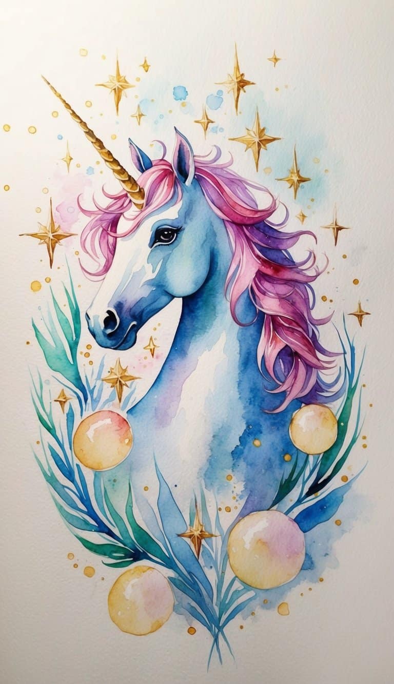 A majestic unicorn surrounded by shimmering stars and glowing orbs