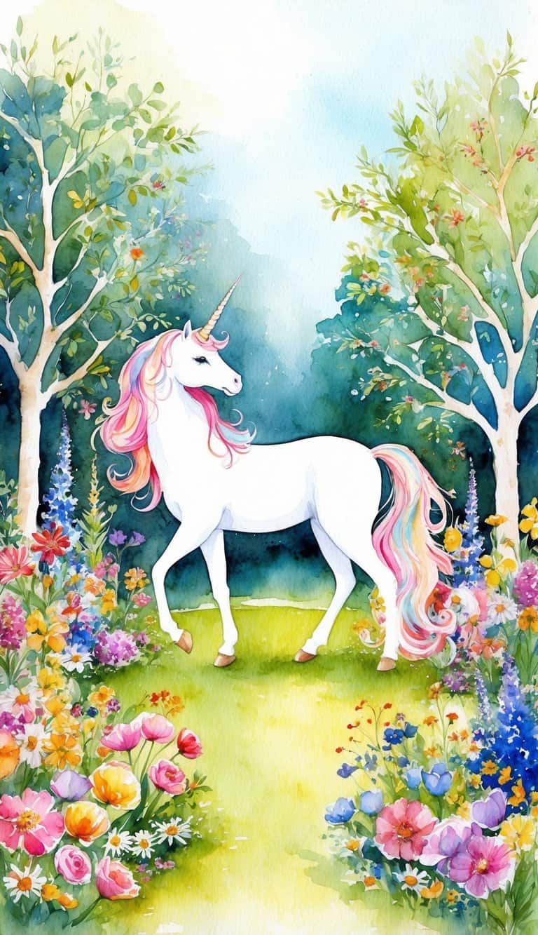 A whimsical garden filled with colorful flowers and trees, with a majestic unicorn standing gracefully in the center