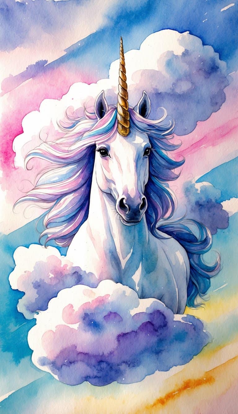 A majestic unicorn with a flowing mane and horn, surrounded by fluffy white clouds, set against a vibrant sky