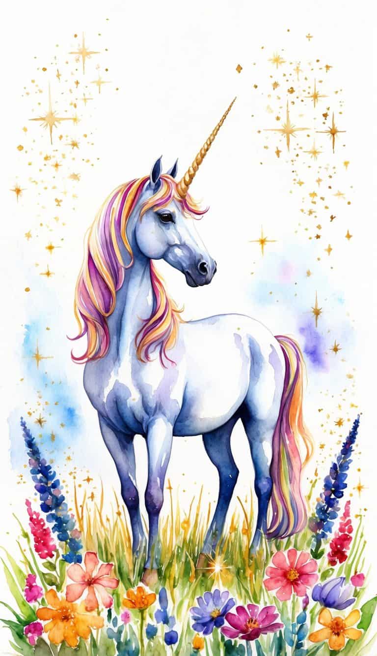 A majestic unicorn stands in a field of golden horns, surrounded by a colorful array of magical flowers and sparkles