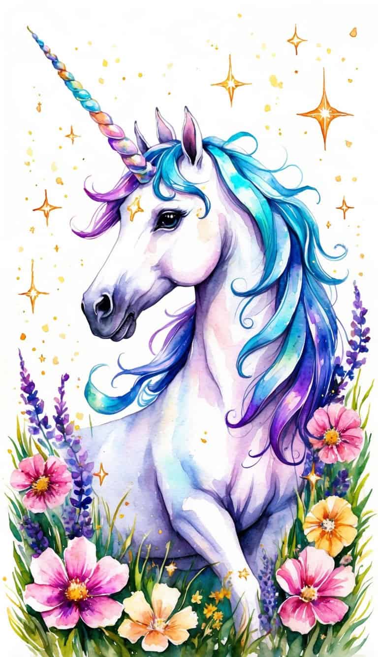 A majestic unicorn with an iridescent aura surrounded by a field of vibrant flowers and sparkling stars