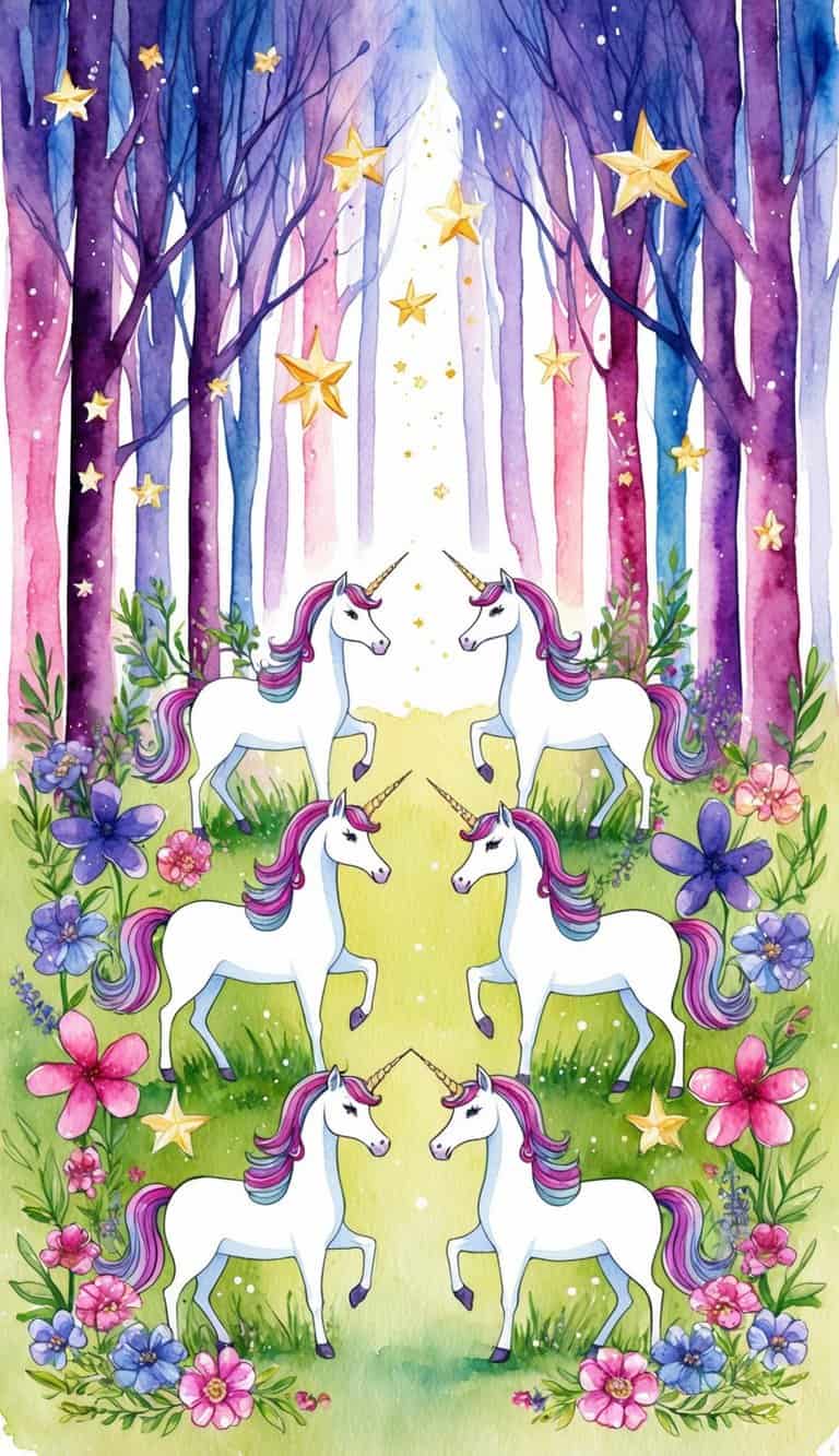 A magical forest with 50 unicorns surrounded by colorful flowers and sparkling stars