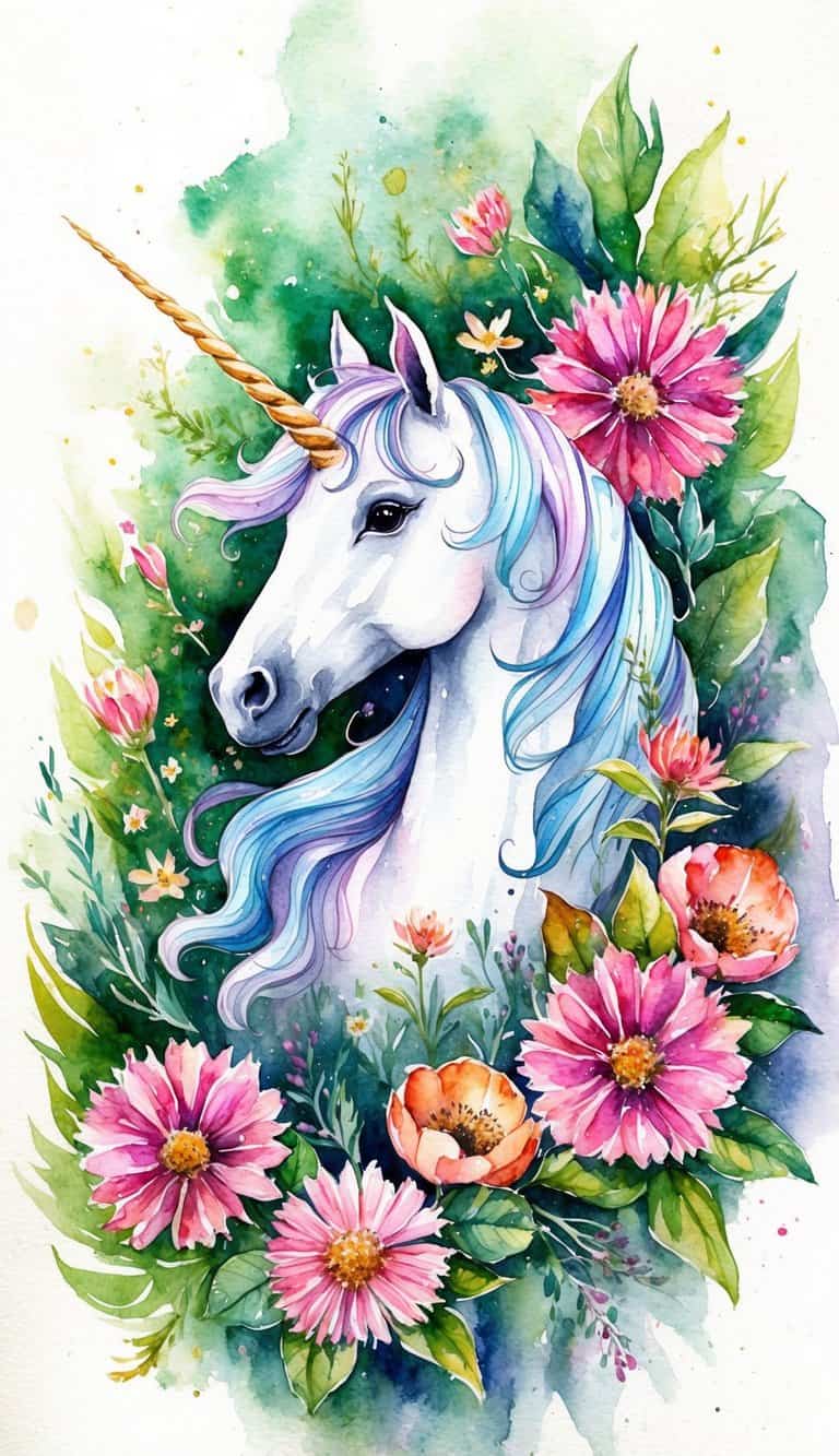 A white unicorn with a golden horn and pastel mane surrounded by lush green leaves and large pink flowers in a watercolor style.