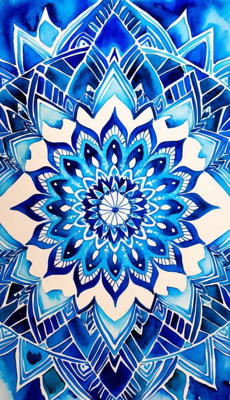 A vibrant blue mandala surrounded by intricate patterns and geometric shapes, radiating a sense of mystique and tranquility