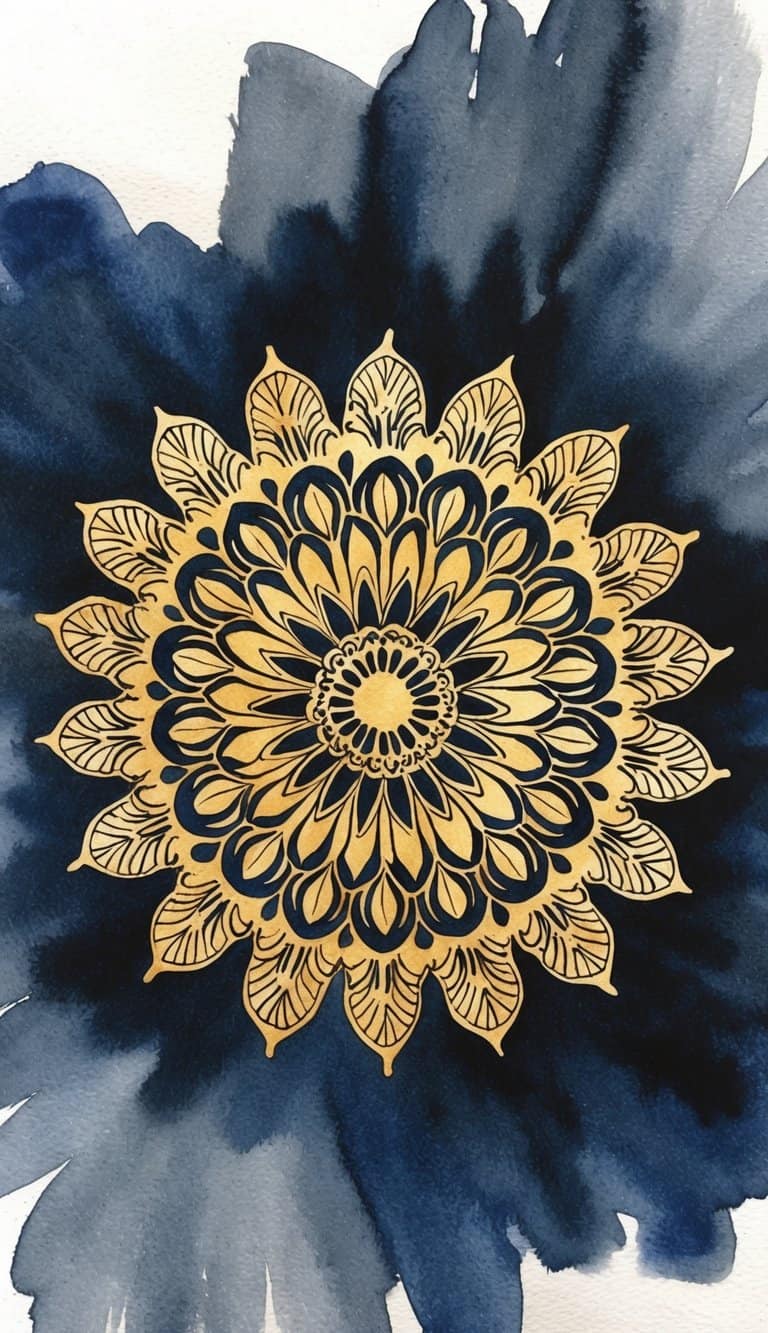 A golden mandala radiates intricate patterns against a dark background