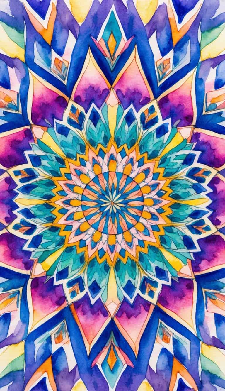 A vibrant geometric mandala pattern radiates from the center, with intricate shapes and symmetrical designs creating a mesmerizing visual display