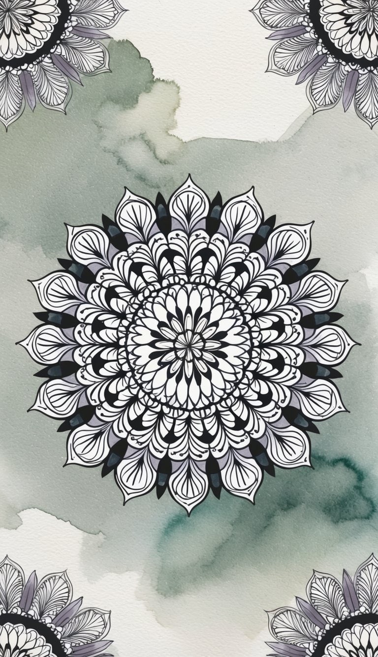 A circular mandala design with intricate patterns, in black and white, with 50 variations for iPhone wallpapers