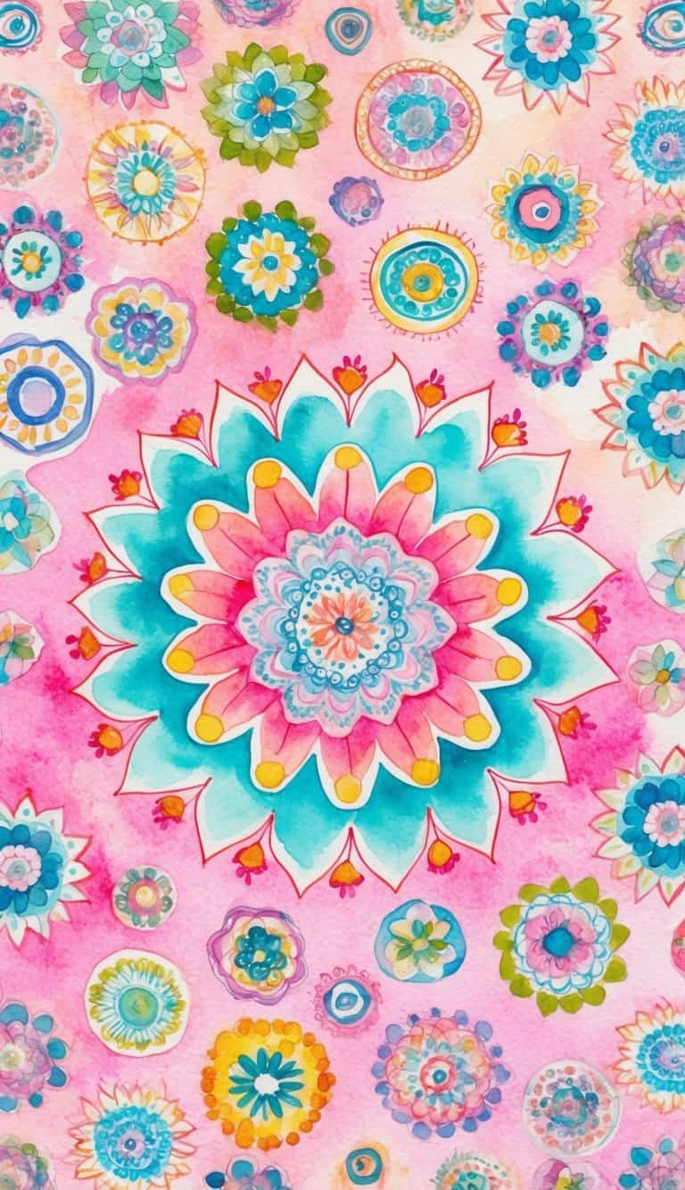 A whimsical pastel mandala surrounded by 50 smaller mandalas, all arranged to fit an iPhone wallpaper