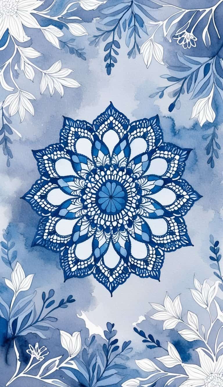 An intricate lace mandala surrounded by delicate floral patterns in shades of blue and white