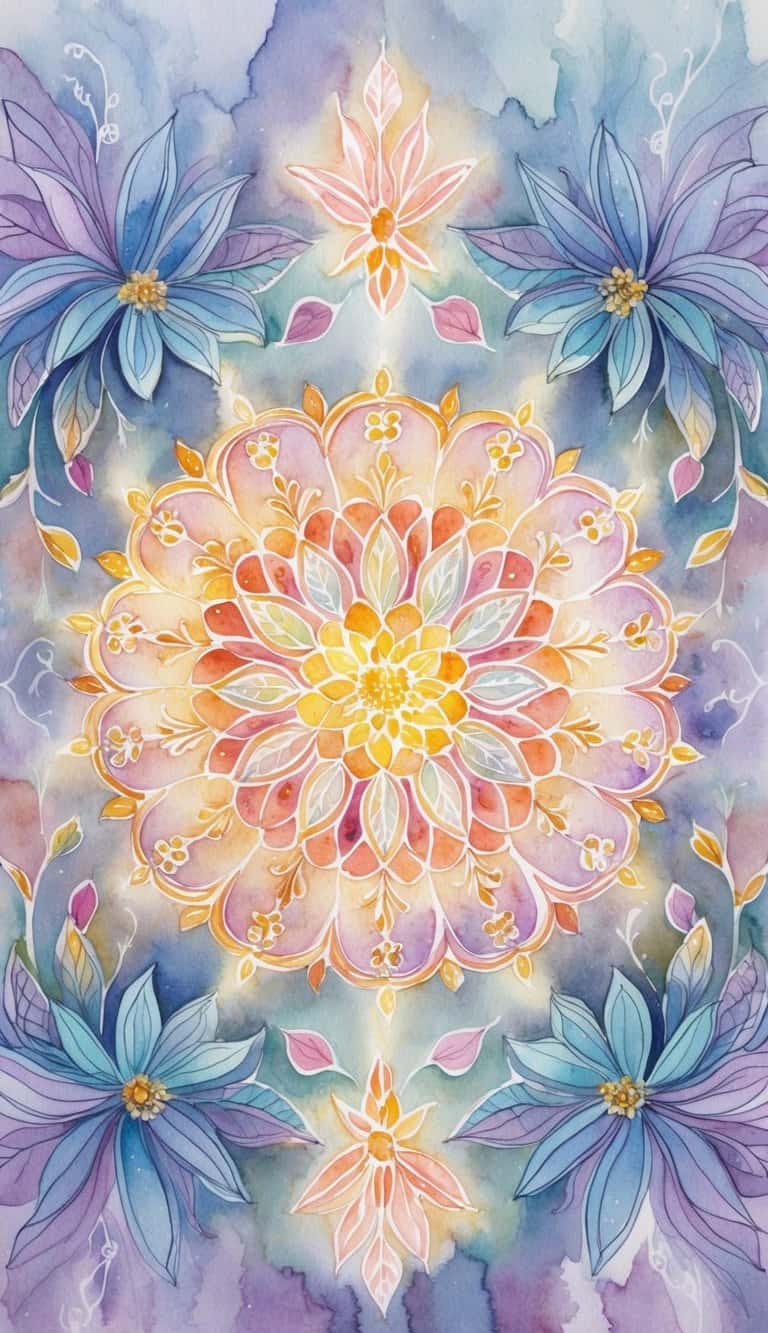 Watercolor mandala iPhone wallpaper with golden floral center, surrounded by pastel petals and large blue-violet lotus blooms.