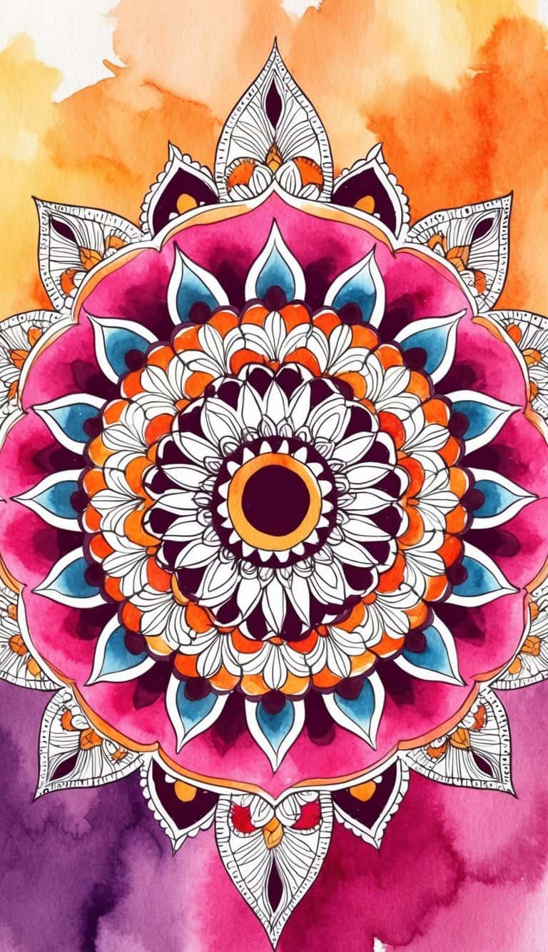 Vibrant watercolor mandala iPhone wallpaper with pink and orange geometric petals radiating from center on gradient background