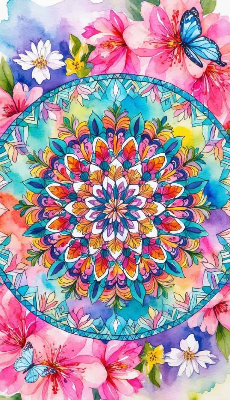 Colorful mandala with intricate patterns centered on a watercolor background of pink flowers, green leaves, and blue butterflies.