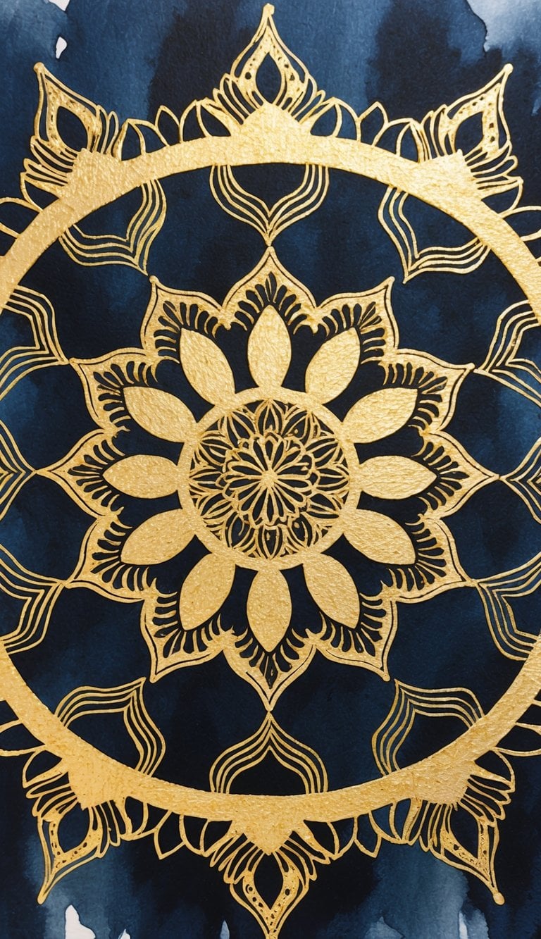 Mandala iPhone wallpaper with gold floral patterns over a rich indigo watercolor background for a bold, elegant look.