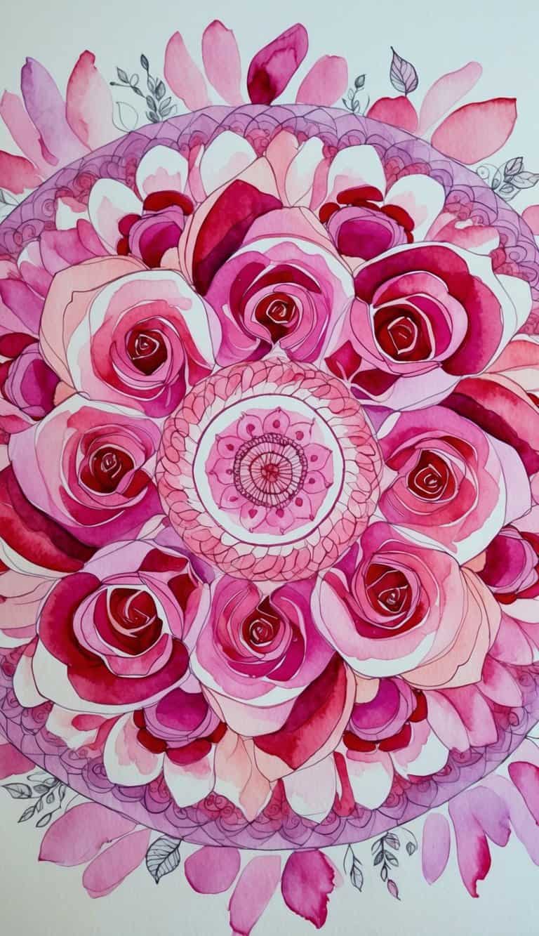 Mandala iPhone wallpaper with a circular arrangement of red and pink watercolor roses surrounded by delicate leaf and petal accents.