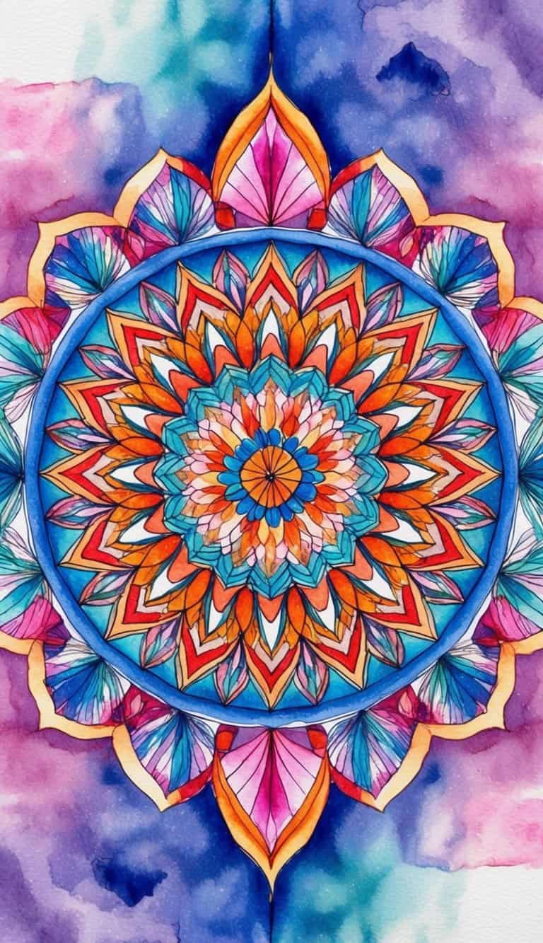 Vibrant mandala with multicolored petals on a soft watercolor background blending shades of pink, purple, and turquoise.