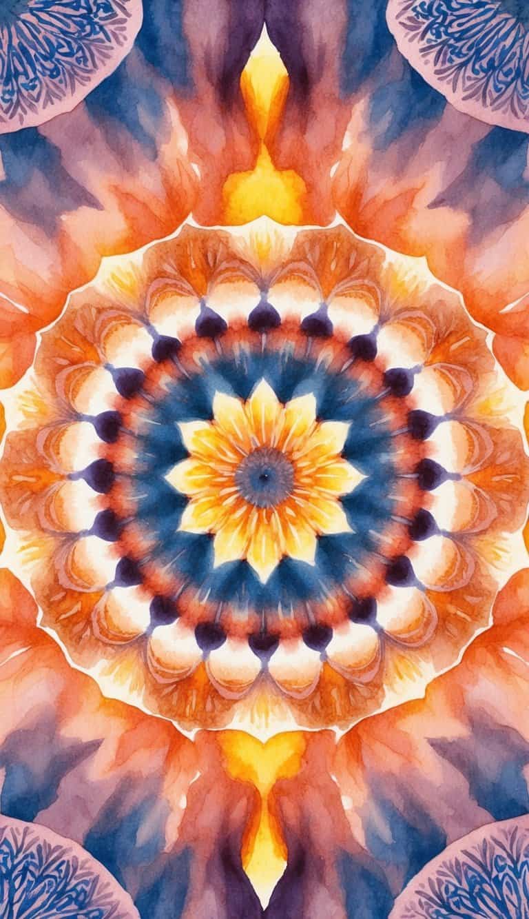 Hand-painted mandala with a golden-yellow center and layered petals in orange and deep blue on a watercolor background.