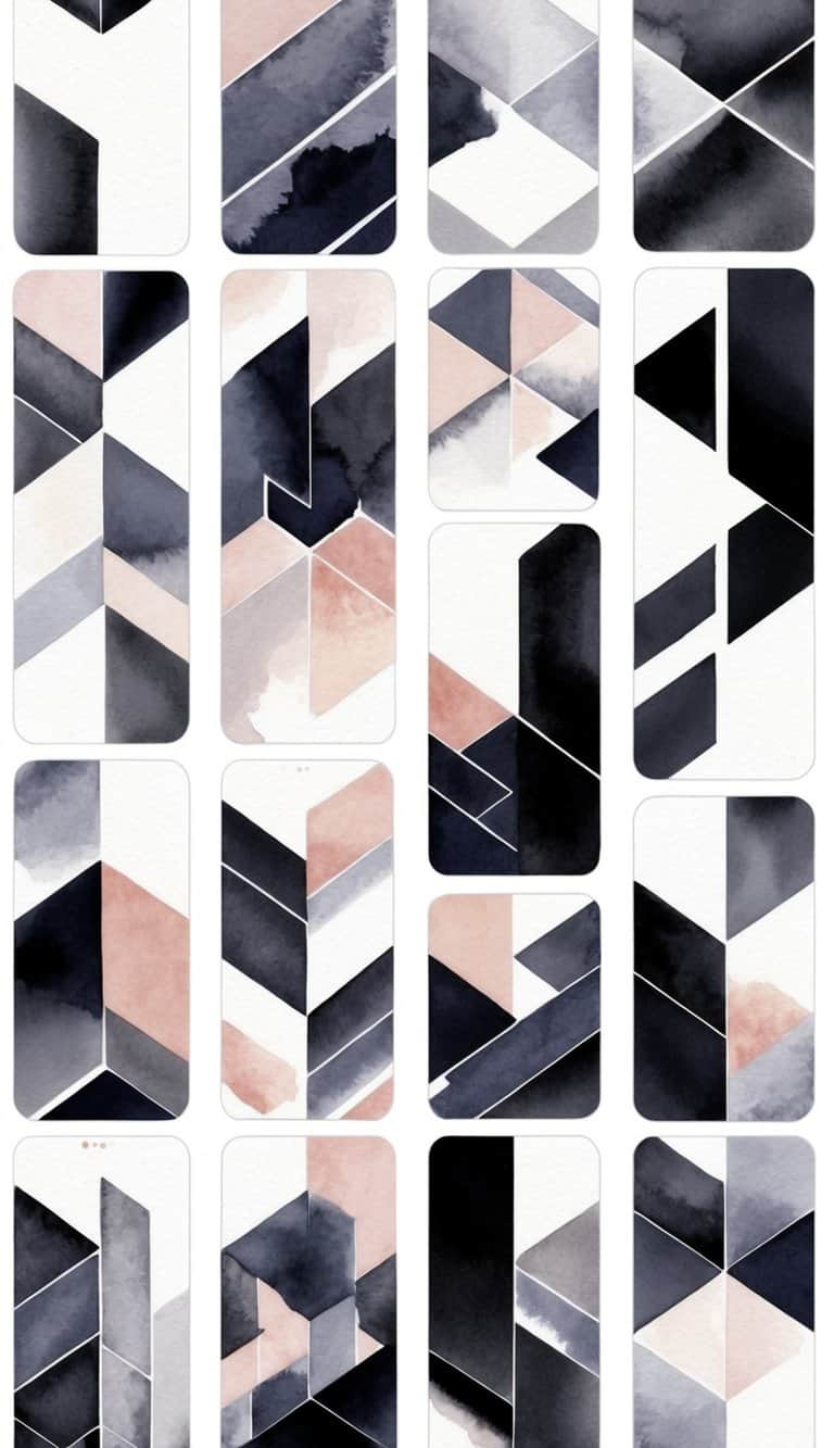 Elegant geometric iPhone wallpapers with watercolor textures in blush pink, black, and gray palettes.