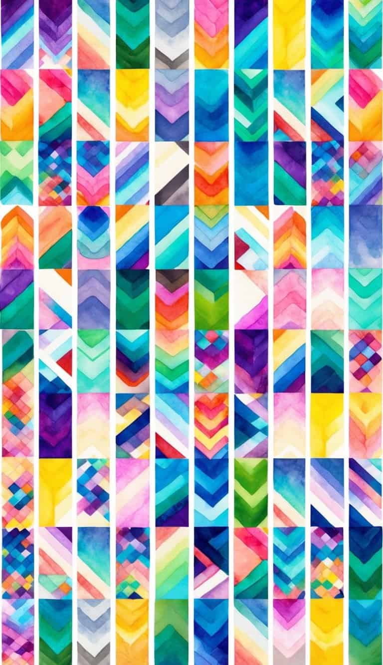 Watercolor geometric iPhone wallpaper featuring multicolored chevrons and mosaic-style blocks.