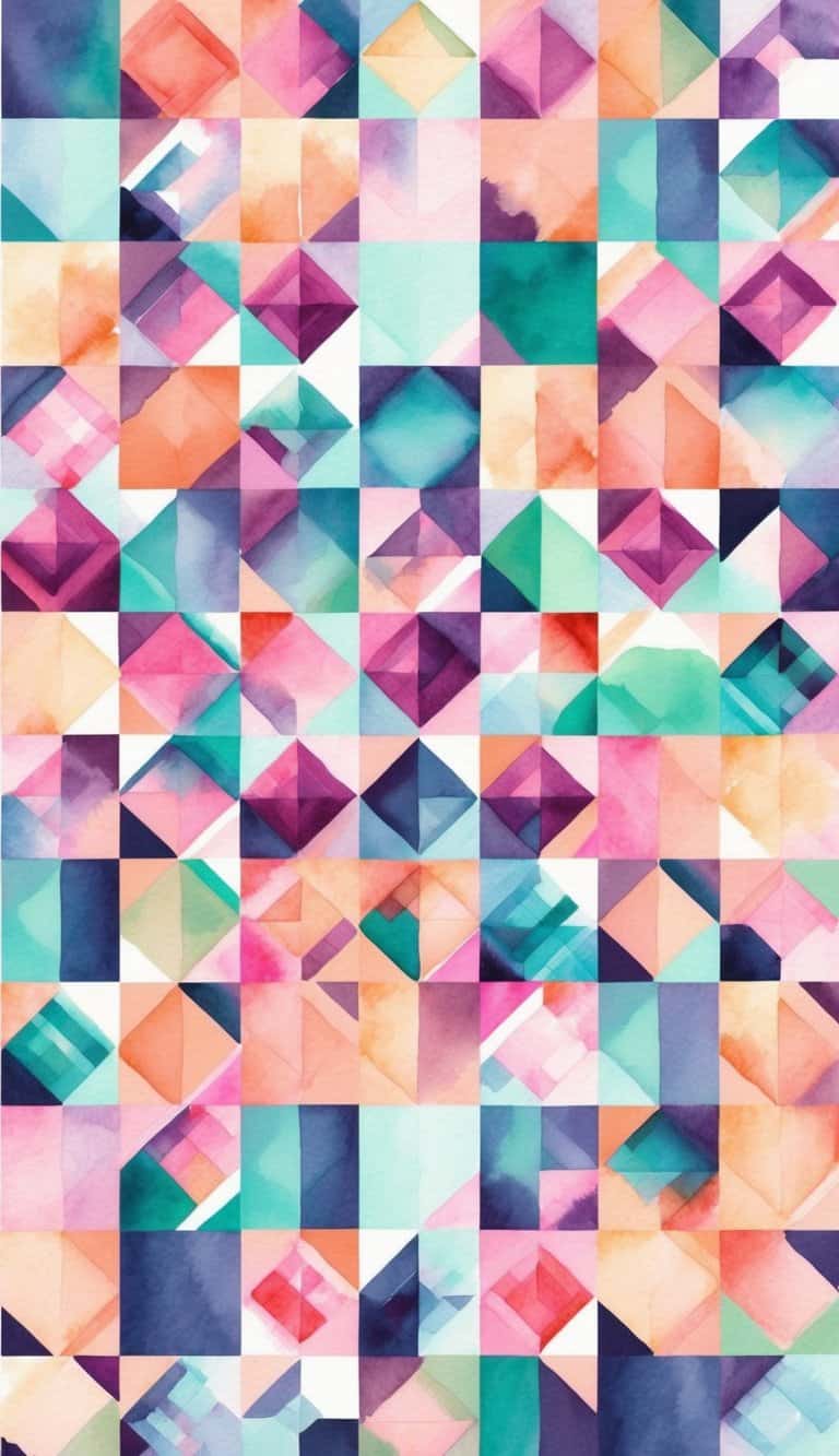 Abstract watercolor iPhone wallpaper featuring diamond-shaped tiles in soft gradients and vivid tones.