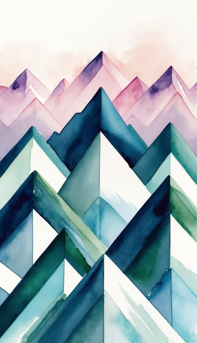 Abstract mountain-inspired iPhone wallpaper with geometric peaks in watercolor blues and purples.