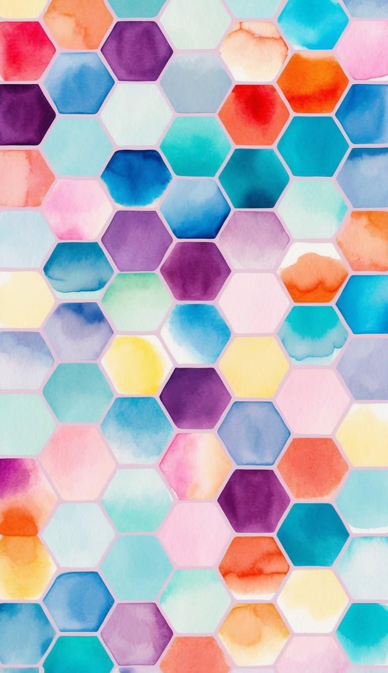 Watercolor iPhone wallpaper with colorful hexagon tiles in a repeating honeycomb pattern.