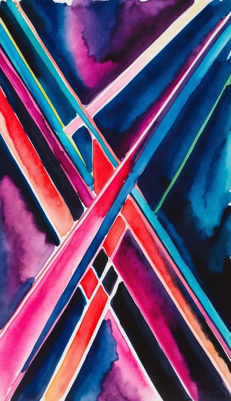 Vibrant watercolor geometric iPhone wallpaper with crisscrossing lines in deep reds, purples, and blues.