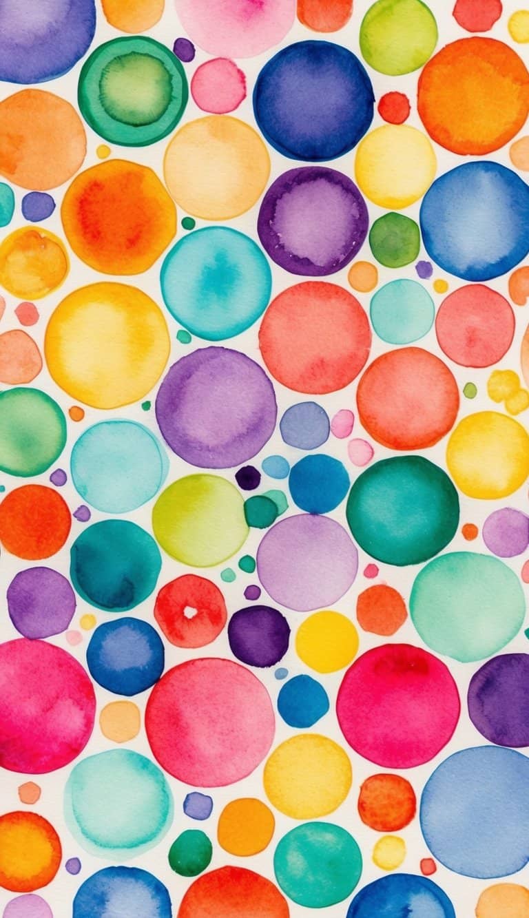 Geometric iPhone wallpaper with colorful watercolor circles in multiple sizes over a white background.