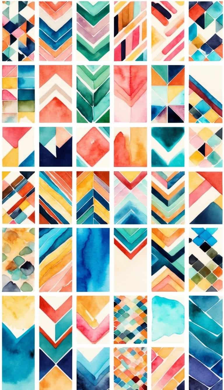 Watercolor geometric iPhone wallpaper collection with multicolored angled and chevron-based pattern blocks.