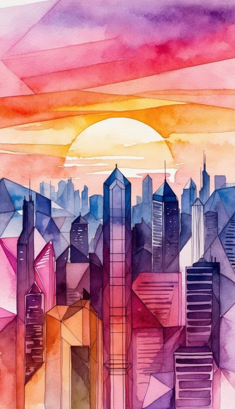 Watercolor geometric iPhone wallpaper with a colorful urban skyline and glowing sunset gradient.