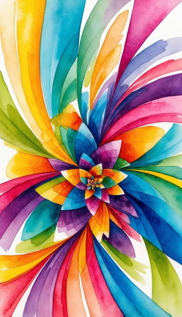 Geometric iPhone wallpaper with a colorful watercolor spiral of layered petal-like shapes in a rainbow palette.