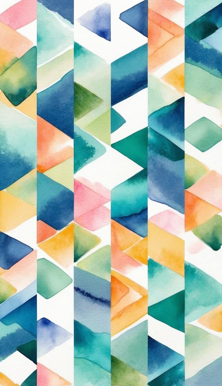 Watercolor geometric iPhone wallpaper with angled blocks and soft rainbow gradients in a staggered grid.