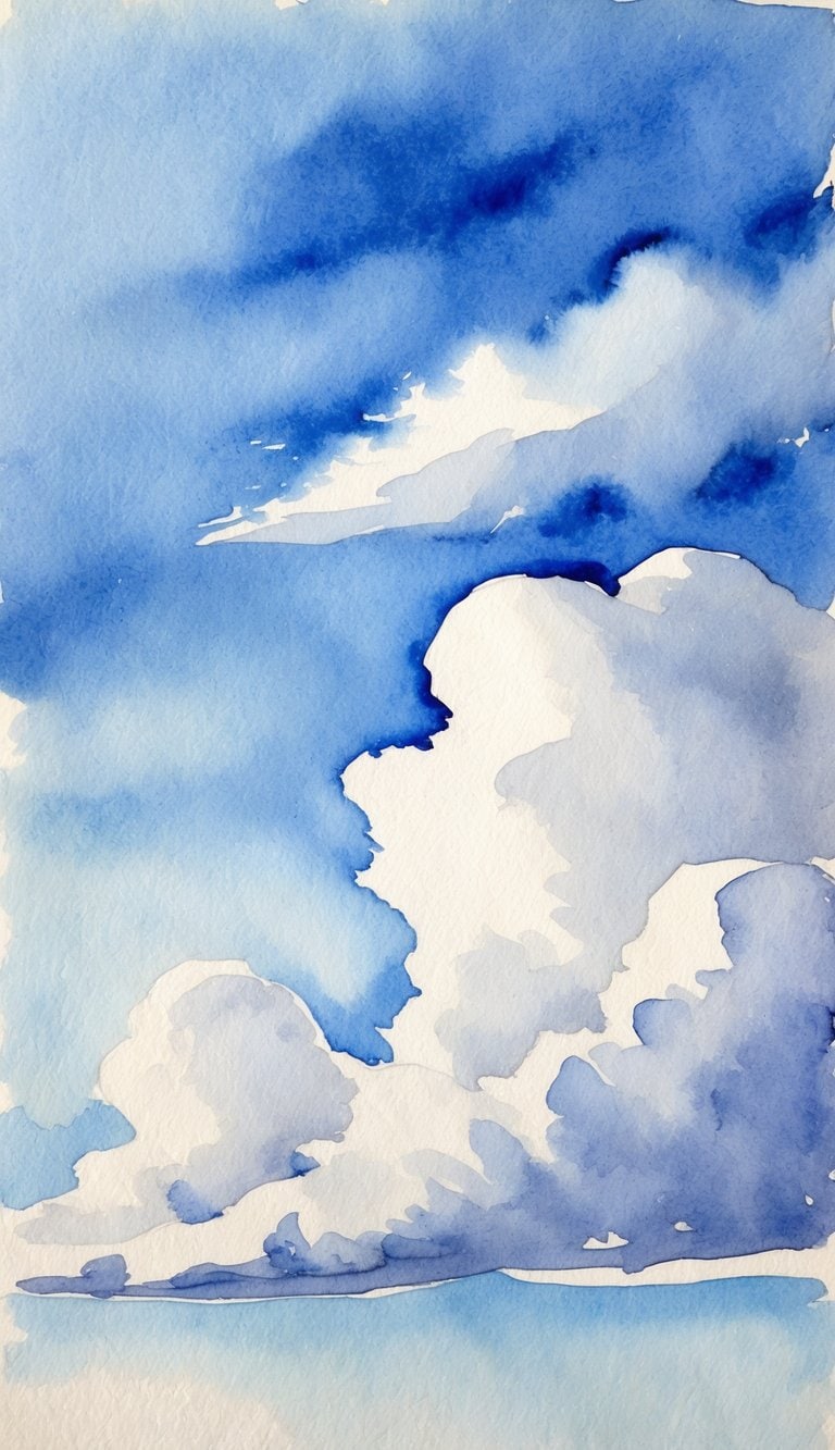 A clear blue sky with fluffy white clouds, some wispy and others billowing, creating a serene and peaceful atmosphere