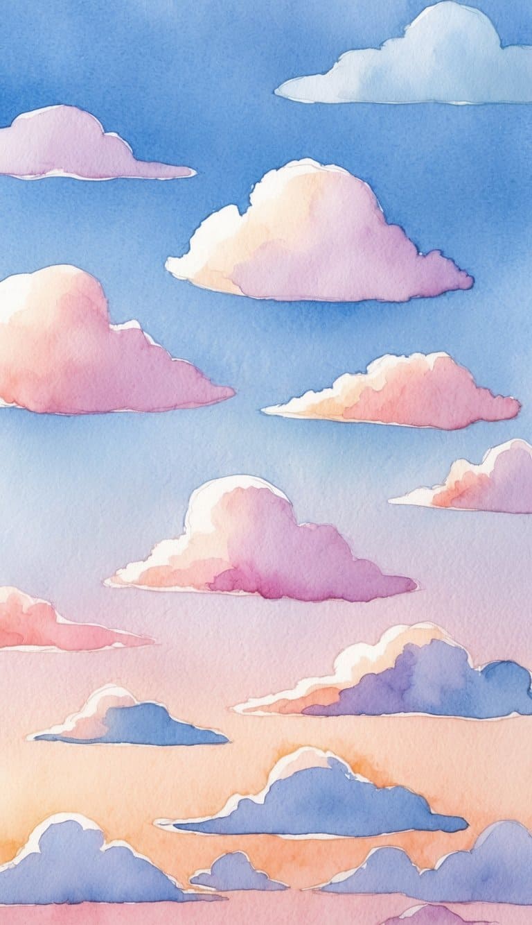A pastel sky at dusk with 50 fluffy clouds scattered across, perfect for iPhone wallpapers
