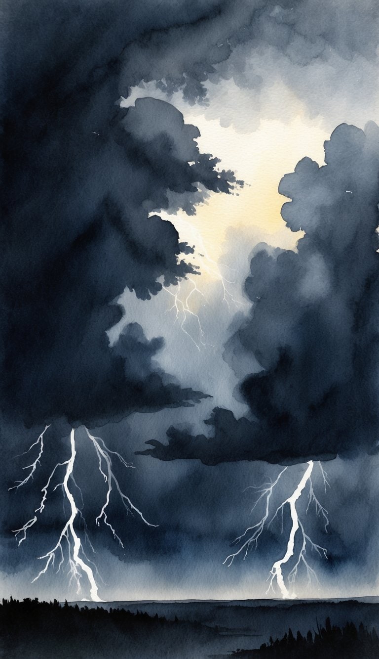 Dark storm clouds fill the sky, casting a dramatic and ominous horizon. Lightning flashes in the distance, creating a sense of impending doom