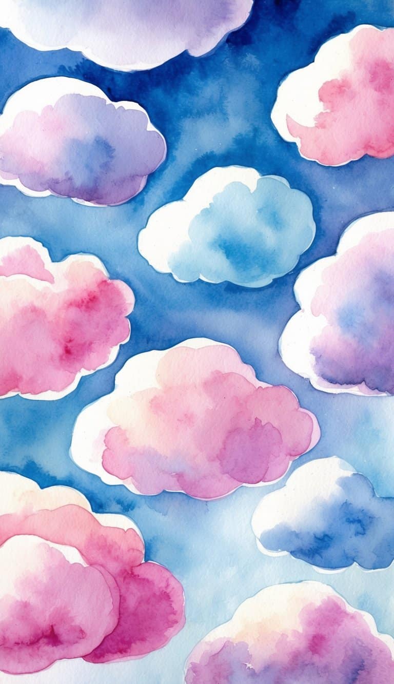 A sky filled with fluffy cotton candy clouds in various shades of pink and blue, creating a dreamy and serene atmosphere