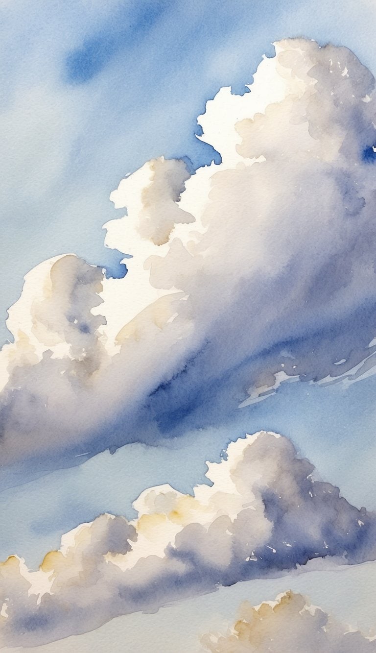 A serene sky filled with fluffy white clouds, gently moving in the breeze