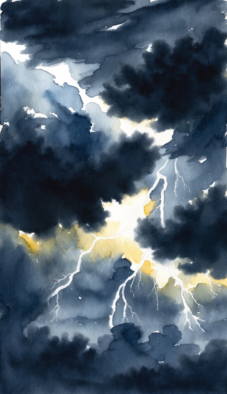 Dark storm clouds fill the sky, illuminated by flashes of lightning. The air is heavy with the sound of thunder, creating a sense of majestic power