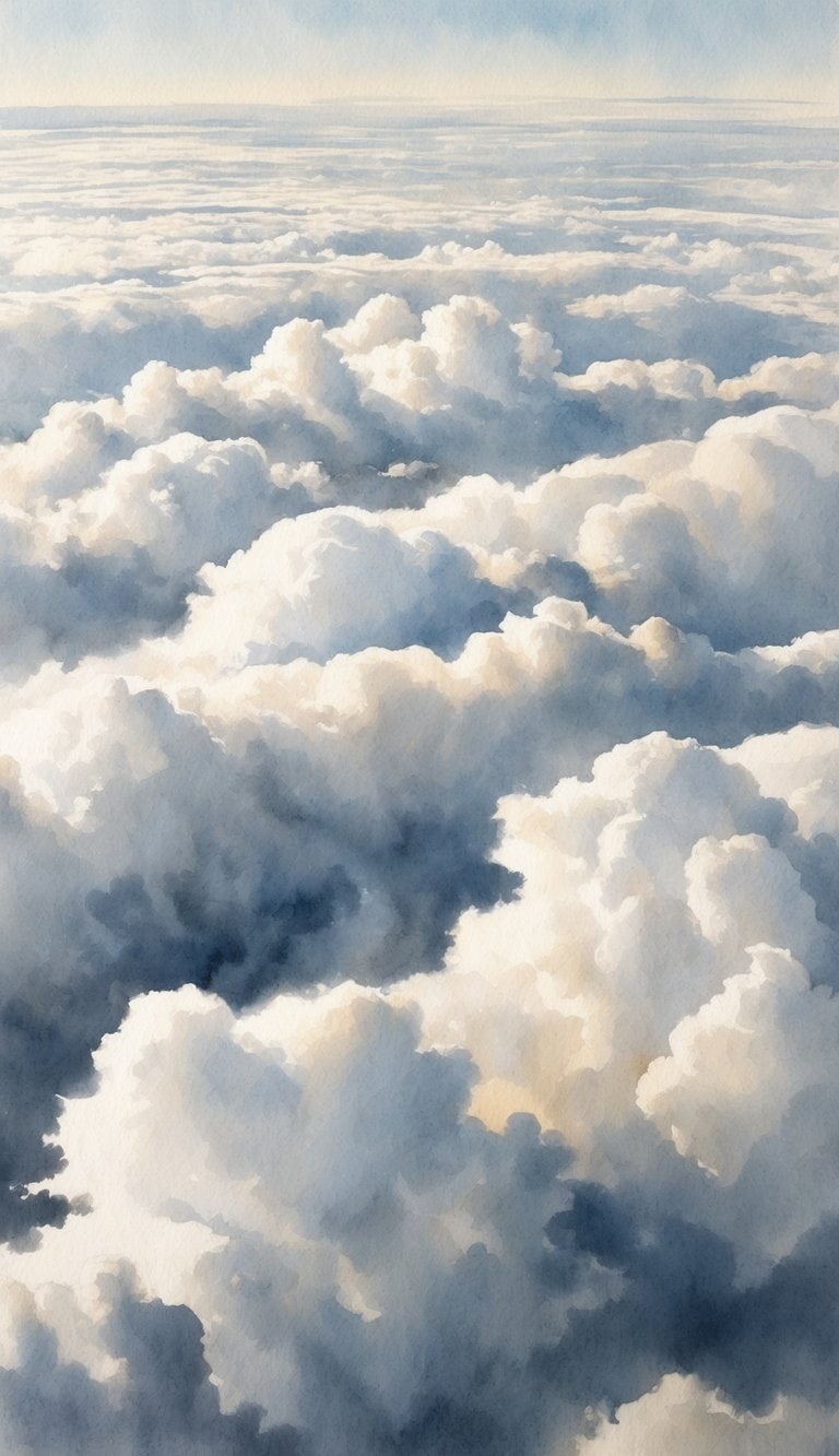 A vast expanse of billowing clouds stretches across the sky, creating an ocean-like effect with soft, fluffy textures and varying shades of white and gray