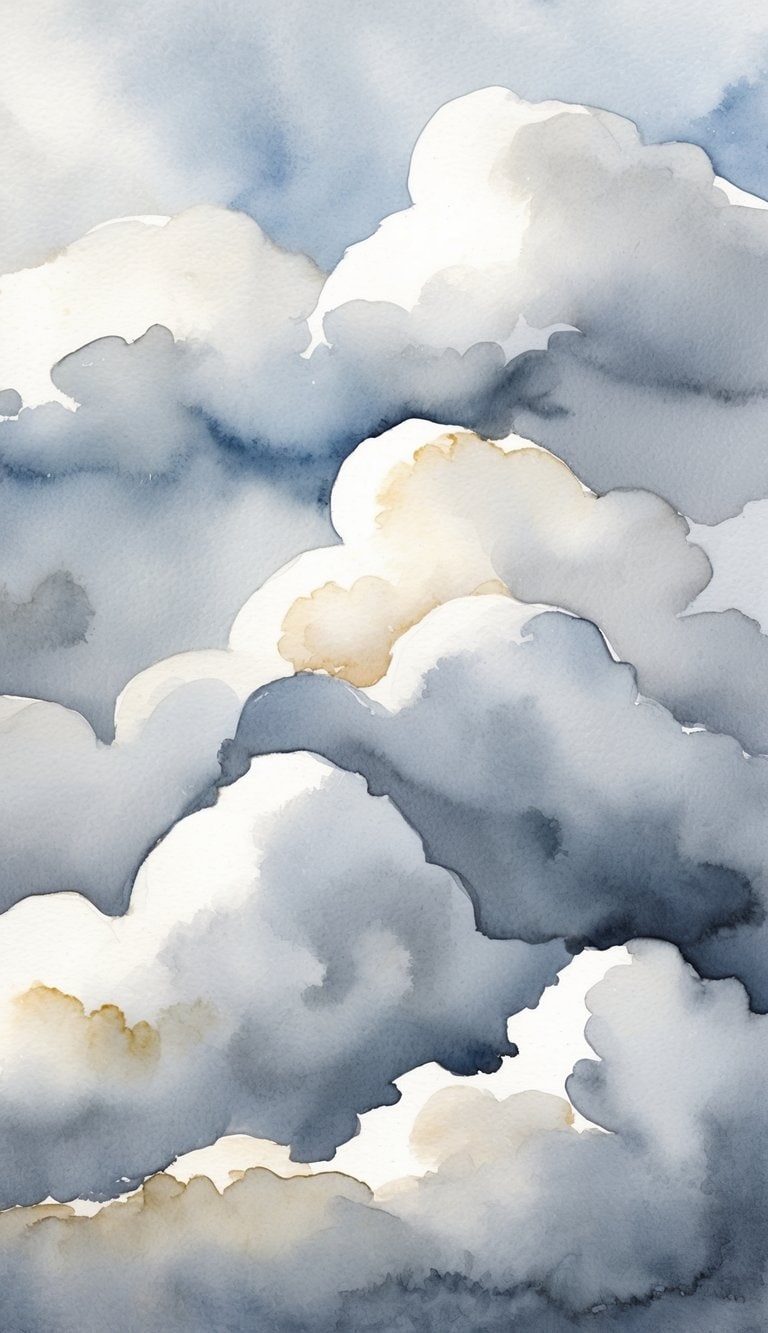 A serene sky filled with fluffy clouds in various shades of white and gray, creating a peaceful and heavenly atmosphere