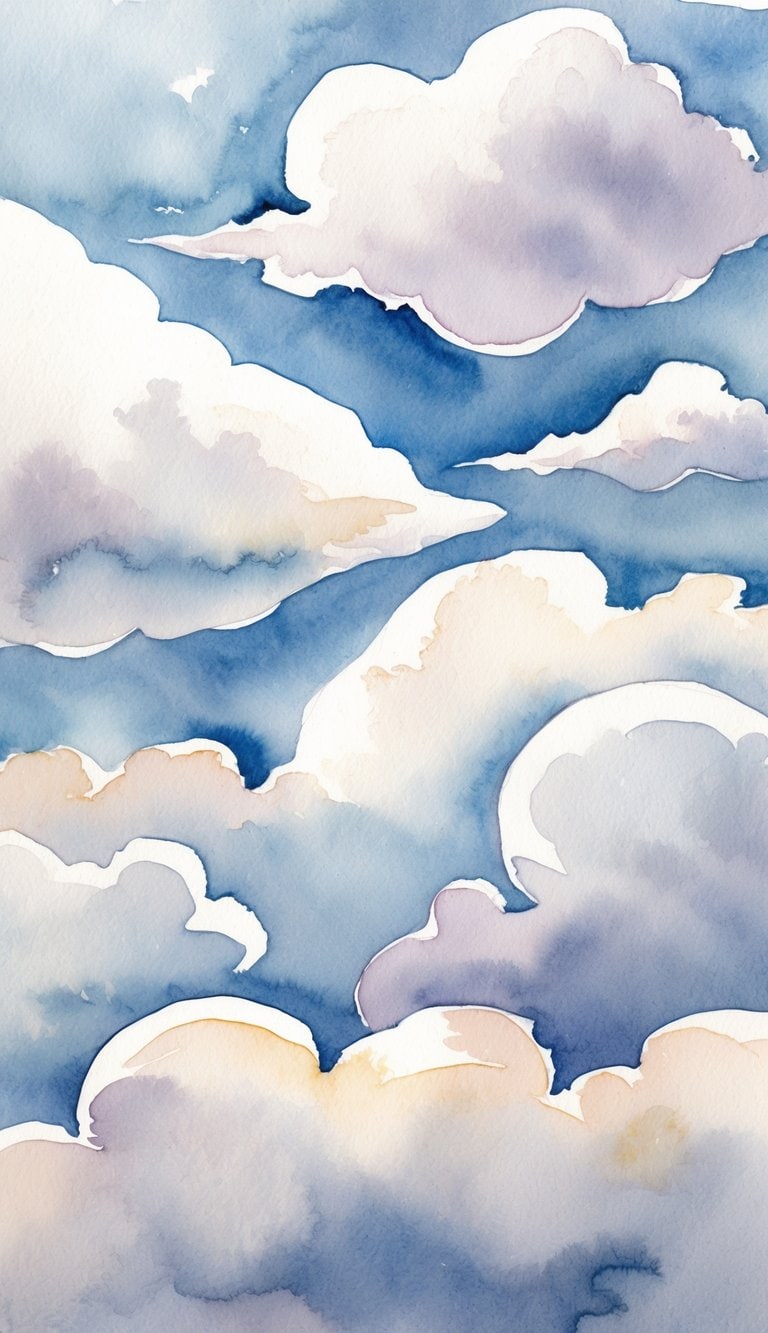 A sky filled with fluffy, white clouds in various shapes and sizes, creating a dreamy and serene atmosphere