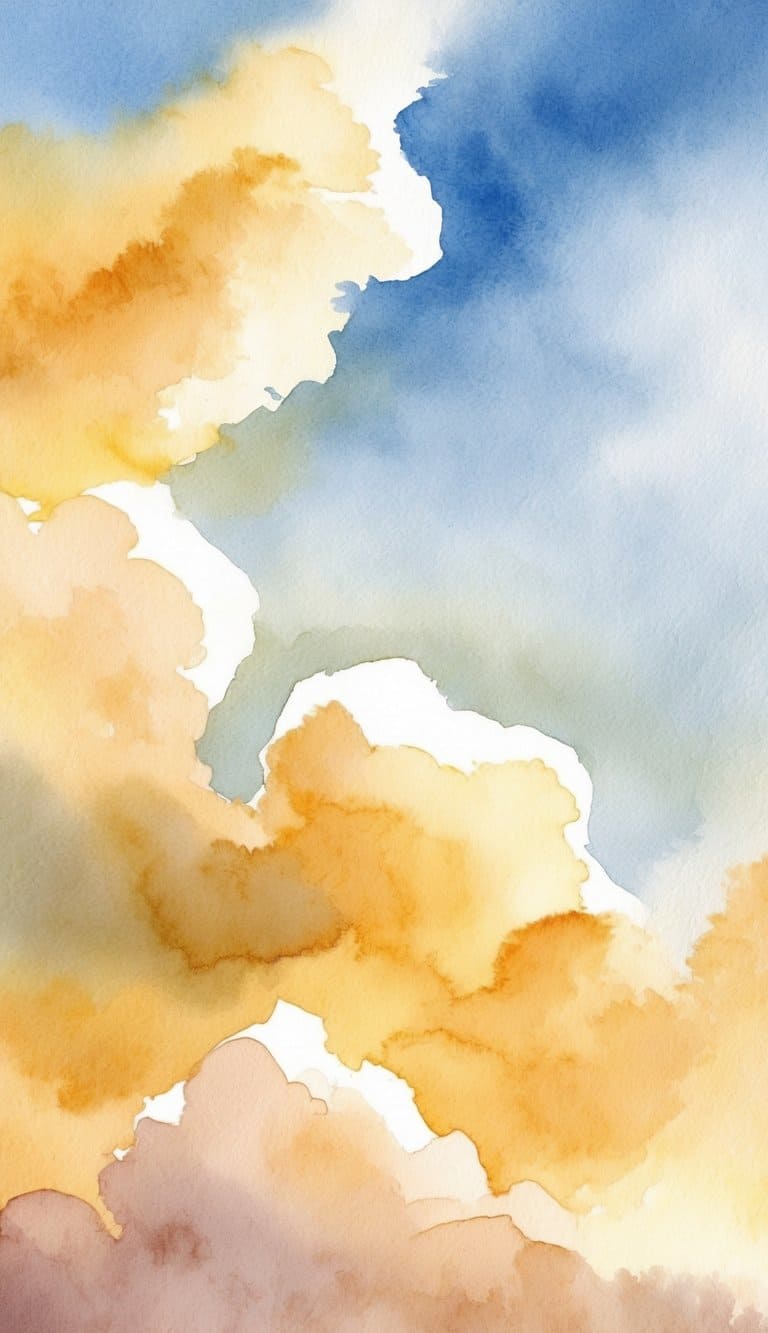 Watercolor painting of a sky with blue, white, and warm golden clouds blending softly together.