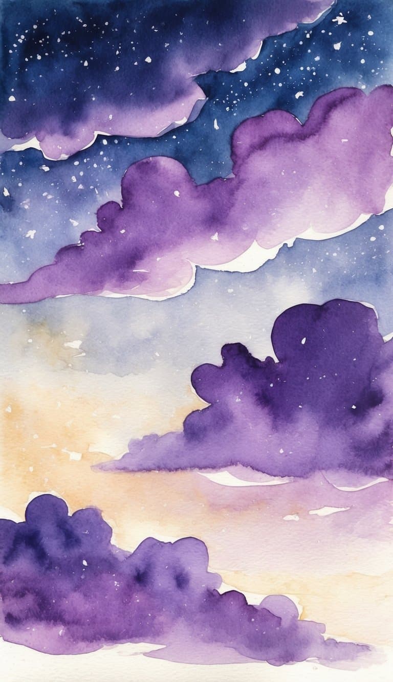 A serene evening sky with swirling amethyst clouds and a scattering of stars
