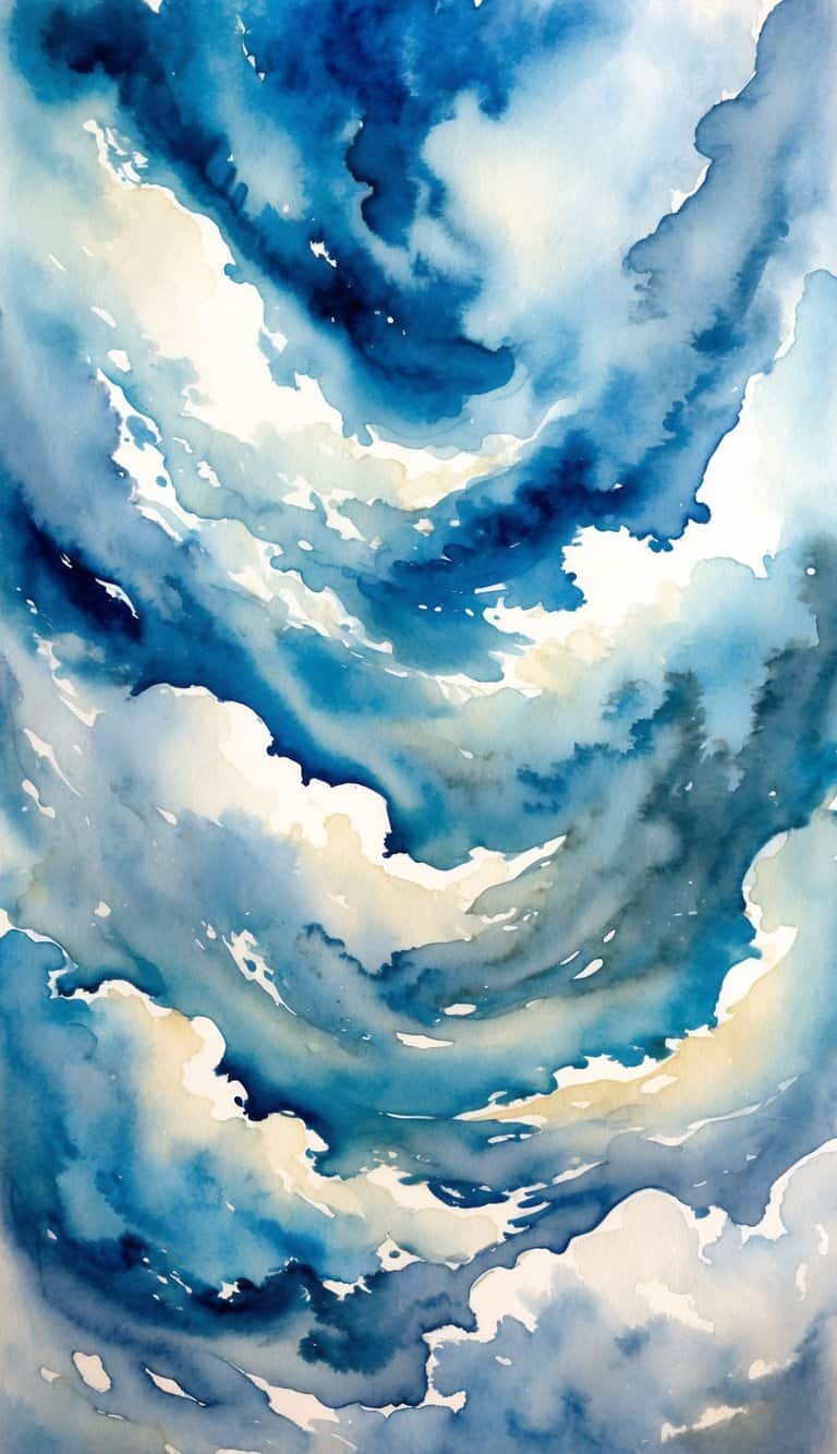 A mesmerizing sky filled with swirling, ethereal clouds in various shades of blue and white, creating a mystical and enchanting atmosphere