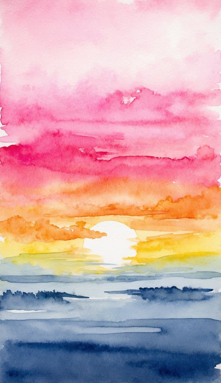 A vibrant sunrise over a calm, cloudy sky, with hues of pink, orange, and yellow blending together in a symphonic display