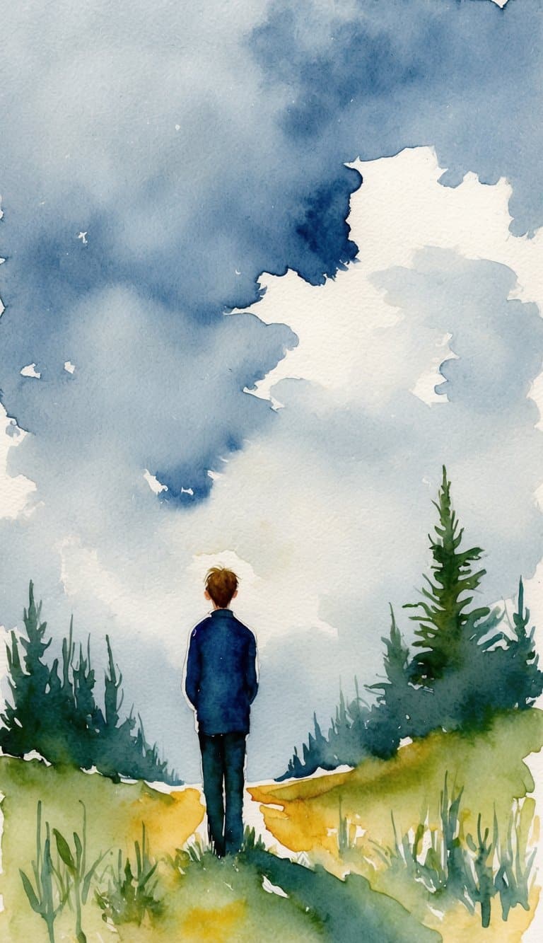 A solitary figure gazes at a cloudy sky, surrounded by nature