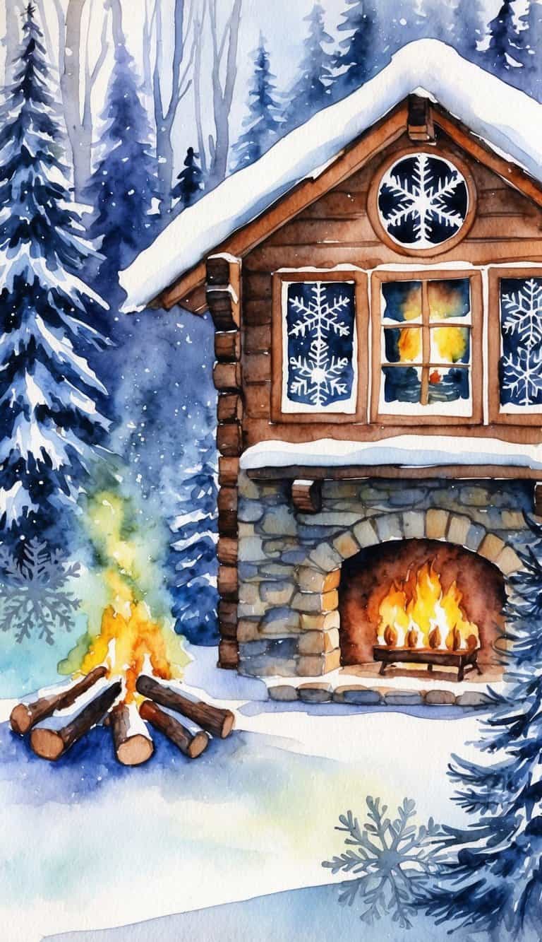 A cozy cabin with a roaring fire, surrounded by snowy trees, with intricate snowflake patterns adorning the windows and walls