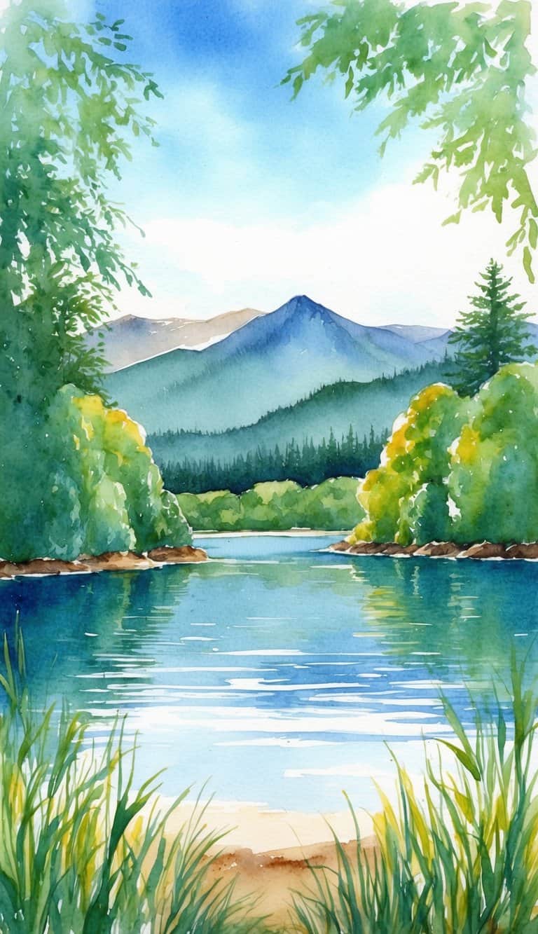 A calm lake surrounded by lush greenery, with mountains in the distance and a clear blue sky overhead