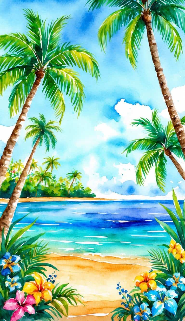 A vibrant tropical beach with palm trees, crystal-clear water, and colorful flowers. A serene paradise with a clear blue sky and a peaceful atmosphere
